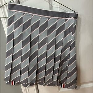 Thom Browne Diagonal Pleated Skirt in Gray, Light Blue & Pink Trim